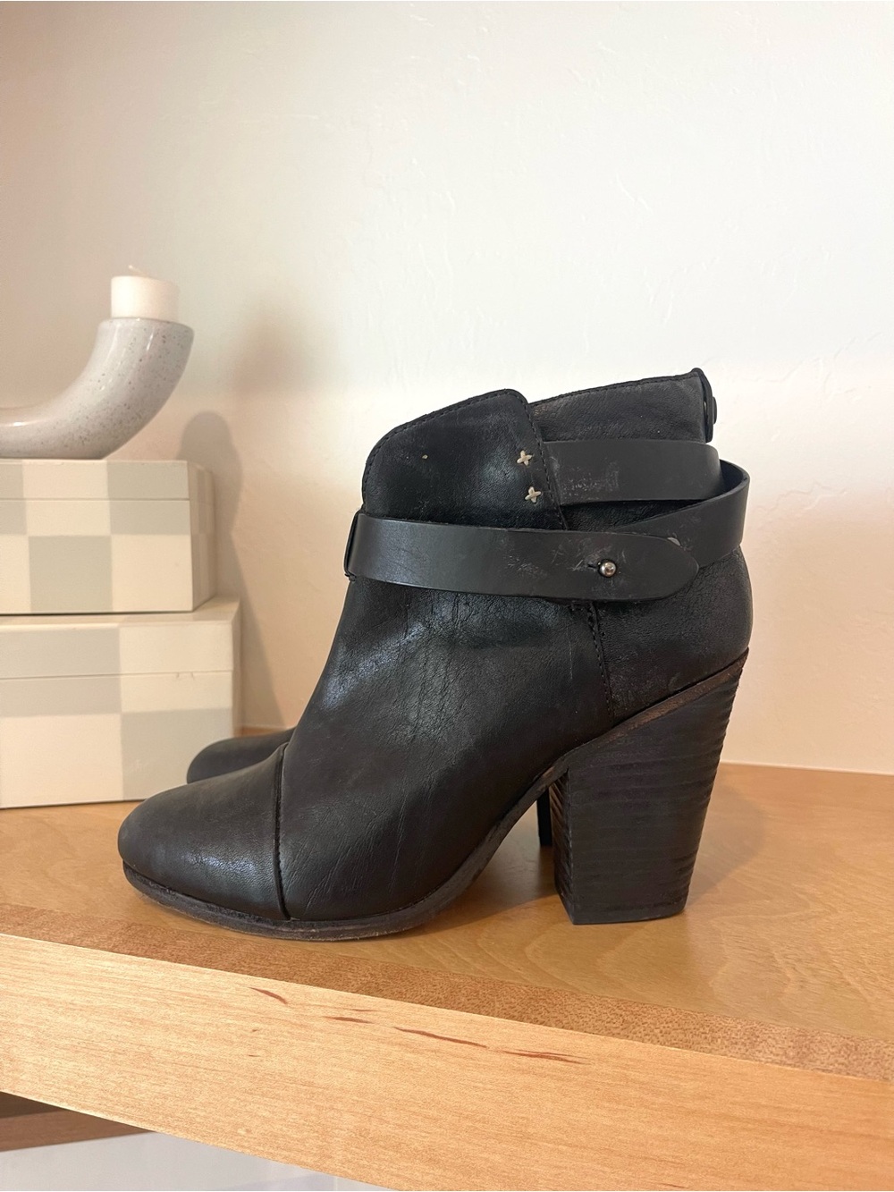 Rag & Bone Harrow Black Leather Strappy Block Heeled Short Ankle Boots Size 37